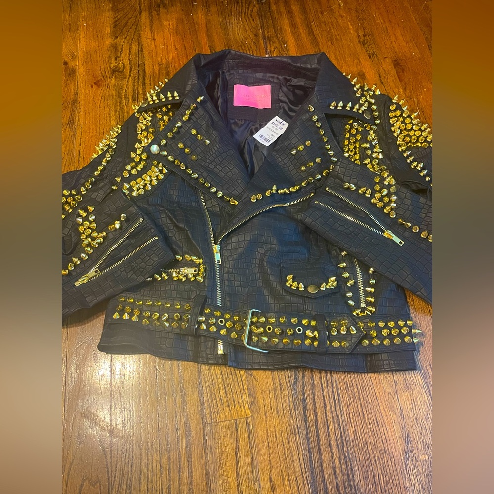Motor biker studded gold black leather jacket